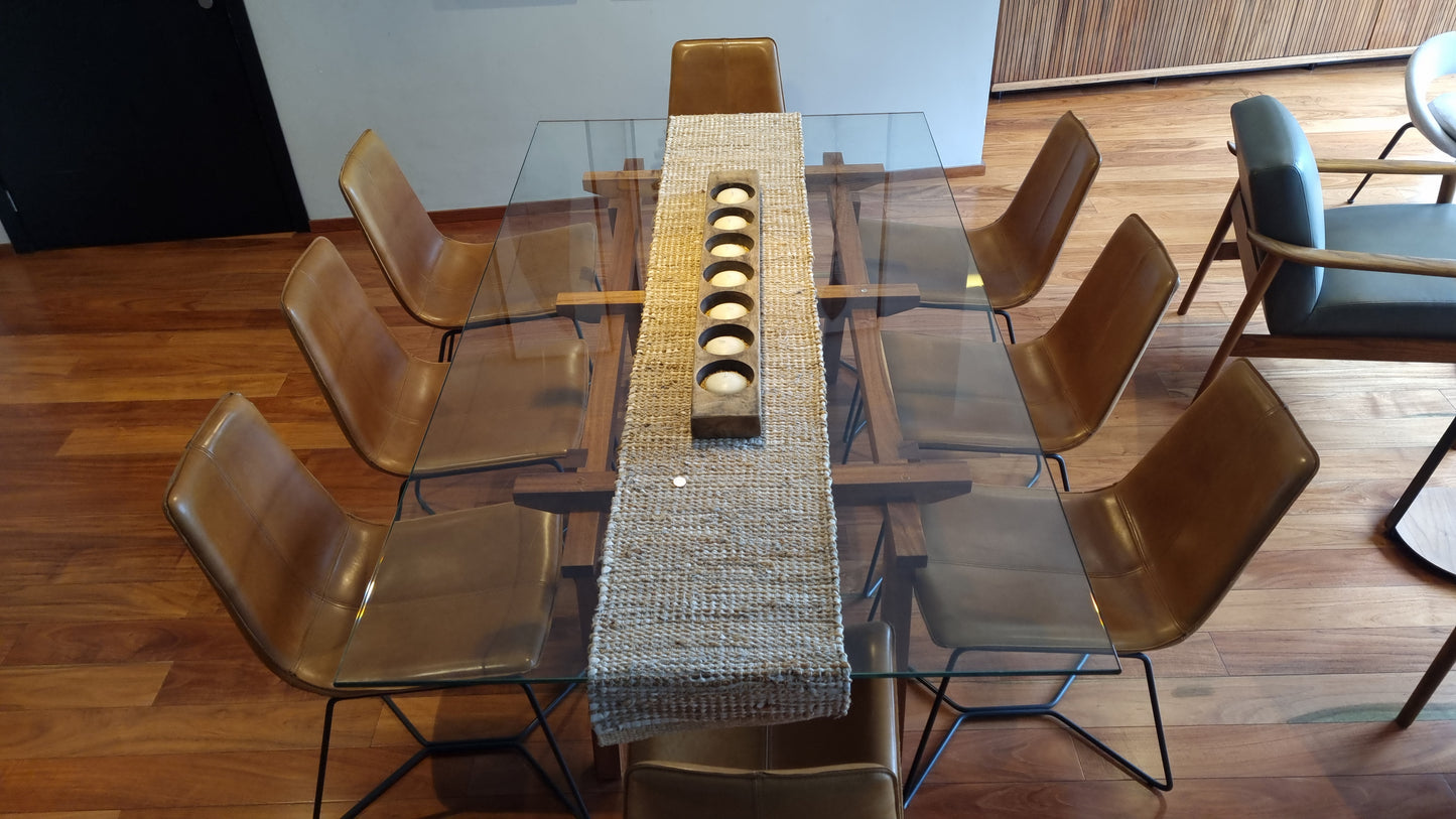 Mesa de Comedor de Madera Genuina de Nogal y Cristal Templado