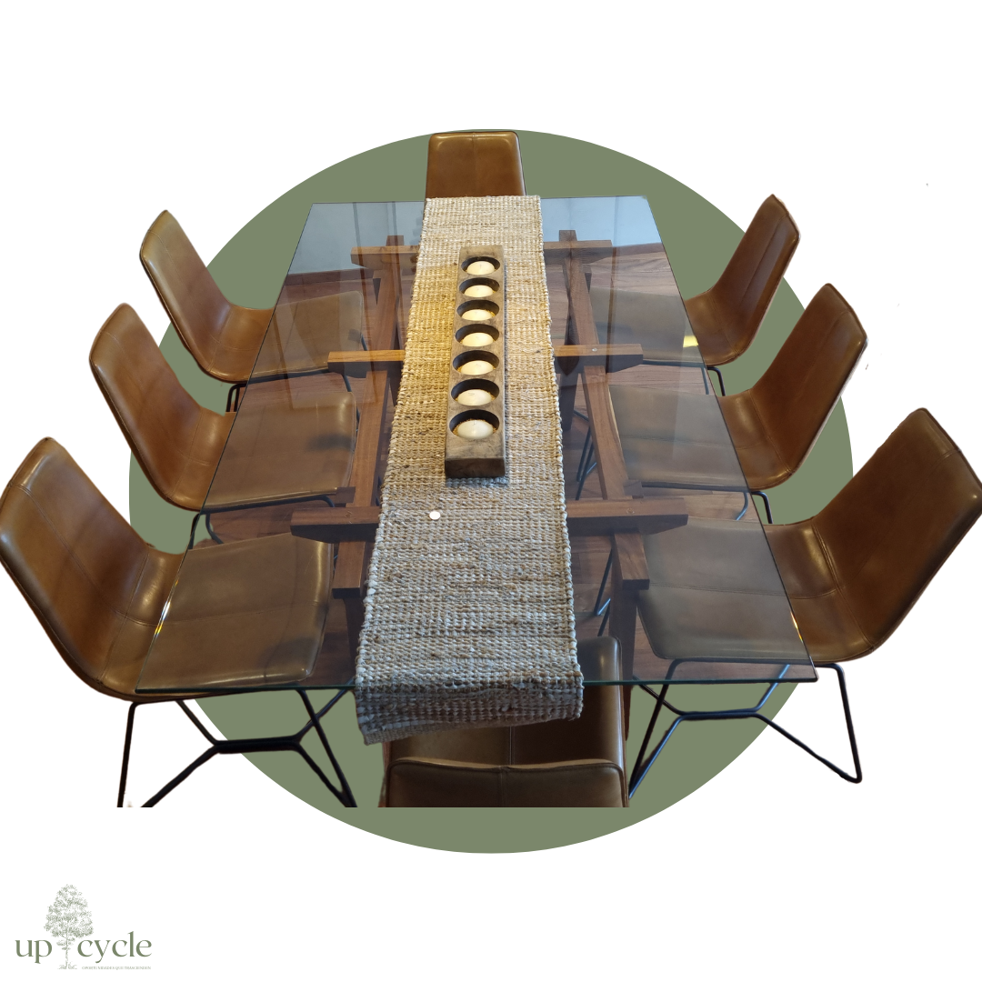 Mesa de Comedor de Madera Genuina de Nogal y Cristal Templado